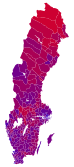 Votes by municipality as a scale from red/Red-green bloc to blue/Alliance for Sweden.