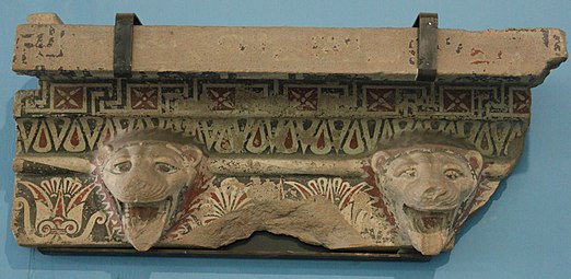 Greek fragment from the roofline of the Temple of Hera at Paestum, present-day Italy, c.520 BC, carved and painted terracotta, Museo Archeologico Nazionale, Paestum[11]