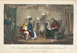 Young men in Regency clothes surreptitiously contacting two young women through an open window