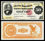 Wright depicted on the 1882 $50 Gold certificate
