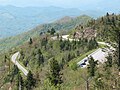 View of the Waterrock Knob parking lot and the Blue Ridge Parkway from the summit of Waterrock Knob