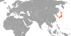 Map indicating locations of Bhutan and Japan