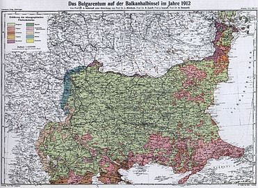 The regions of the Balkan Peninsula inhabited by ethnic Bulgarians in 1912, according to the Bulgarian point of view.