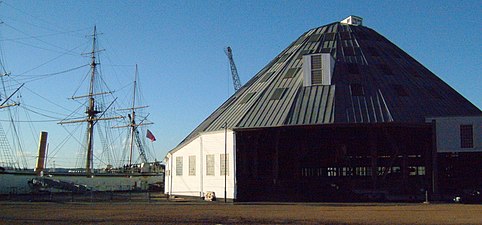 Royal Navy Dockyard, Chatham: No. 3 covered slip, 1838, a shed to keep the timbers of the ship under construction dry. HMS Gannet is on left.