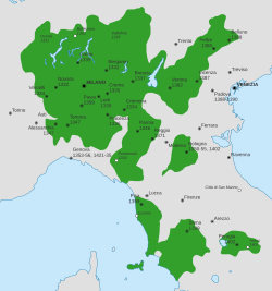 The Duchy of Milan in its period of greatest expansion, between the end of the 14th century and the beginning of the 15th century.