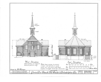 Architectural drawing of the church's west and east sides