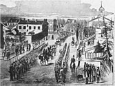 John Brown on his way to the gallows. Note soldiers on each side of wagon transporting Brown, to prevent an armed rescue.