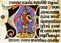 Álmos, Grand Prince of the Hungarians holds a Turul shield in his hand (Chronicon Pictum, 1358)