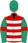 Red, white hoops, emerald green sleeves, red armlets, emerald green cap