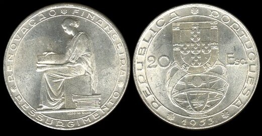 1953 20 escudos coin.