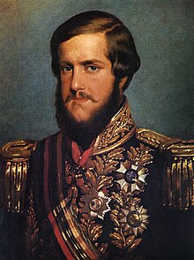 Half-length portrait from a photograph showing the young, bearded Emperor Pedro II in full uniform with sash of office and various medals