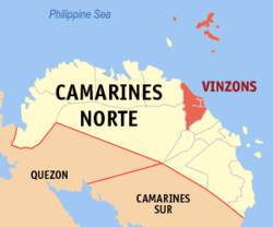 Map of Camarines Norte with Vinzons highlighted