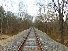 A straight railroad track extends into the distance. It is slightly elevated compared to the surrounding terrain, which is covered in trees. The trees are without leaves, indicating it is Winter.