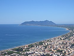 Aerial view of Terracina with the Circeo promontory in the background