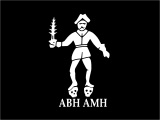 Roberts' new flag showed him holding a flaming sword and standing on two skulls, representing "a Barbadian's head" (ABH) and "a Martinican's head" (AMH) - two islands against whom he held a grudge.[25]