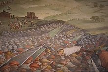 Upper section in Vasari's painting, Battle of Marciano in Val di Chiana, showing the banner inscribed with the words "CERCA TROVA"