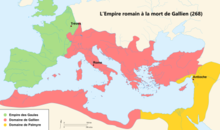 A map of the Gallic Empire in 268, showing the core territory of the Gallic Empire, composed of Gaul, Hispania, and Britannia, the Palmyrene Empire, composed of Egypt and the Levant, and the Roman Empire, composed of the territories between, bordered on the north by the Danube, except for an extended portion along the Rhine, and across the Danube into Dacia proper