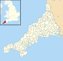 A map showing mainland Cornwall, with civil parish boundaries marked. Inset in top-left corner shows Cornwall within the UK