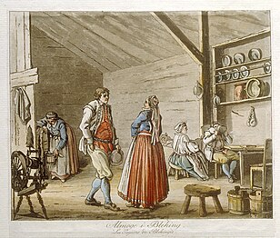 Aquatint over contour etching Country people in Blekinge, c. 1800, after original by Pehr Hilleström