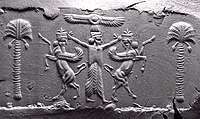 Achaemenid seal impression with Master of Animals motif; the Persian king subduing two Mesopotamian lamassu
