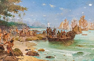 Disembarkation of Cabral in Porto Seguro (oil on canvas); author: Oscar Pereira da Silva, 1904. Collection of the National Historical Museum, Rio de Janeiro