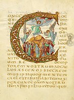 Ascension from the Drogo Sacramentary, c. 850, repeats the iconography of the ivory.