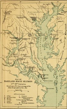 Map centered on the Chesapeake Bay with notations of Jesuit sites