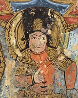 Right frontispiece: ruler in Turkic dress (long braids, large Sharbush fur hat, boots, fitting coat), in the Maqamat of al-Hariri, 1237 CE, probably Baghdad.[4]