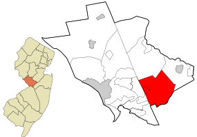 Location of Robbinsville Township in Mercer County highlighted in red (right). Inset map: Location of Mercer County in New Jersey highlighted in orange (left).