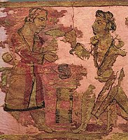 Figures in the embroidered carpets of the Noin-Ula burial site, made in Bactria and proposed to represent Yuezhis (1st century BC – 1st century AD).[60][61][62]