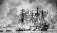 Régulus under attack by British fireships, during the evening of 11 August 1809. Drawing by Louis-Philippe Crépin.