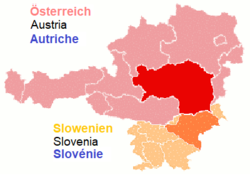 Territory of the former Styrian duchy, superimposed on the modern borders of Austria and Slovenia