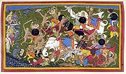 A sixteenth century rendering of a scene from the Ramayana, an ancient Sanskrit epic.
