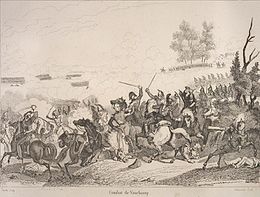 Sepia print of a battle that shows cavalrymen hacking at each other with swords in the foreground.