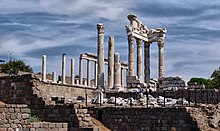 Photograph of stone columns and walls—the ruins of Pergamon in Turkey