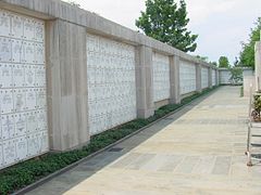 Columbarium at Arlington National Cemetery in Virginia. Each niche is covered with a marble plaque.