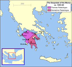 The Despotate of the Morea in 1450, divided between the two brothers, Thomas and Demetrios Palaiologos