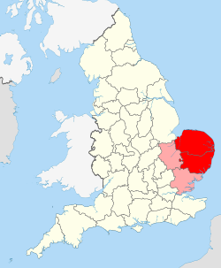 East Anglia: with the ceremonial counties of Norfolk and Suffolk (in red) to the north and south and Cambridgeshire and Essex (in pink) to the west