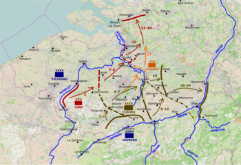 Map shows the military situation during the Flanders campaign. The numbers represent dates in July when moves occurred.