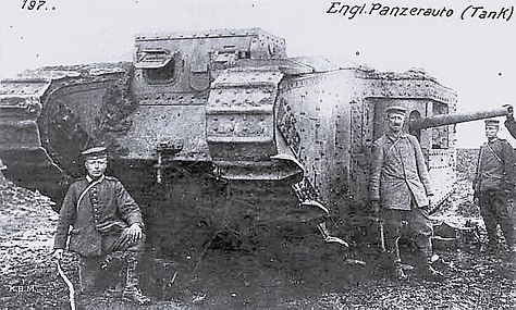 British Mk II tank captured by German troops in April 1917, showing long 57 mm naval gun in side sponson