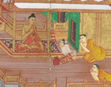 A white-clad man is sitting in a respectful pose talking to the Buddha in a pavilion. Two monks are sitting behind the white-clad man.