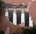 Conceptual trompe-l'œil mural at California State University, Chico titled "Academe", featuring Doric columns and crumbling walls, by John Pugh