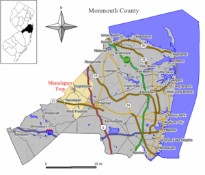 Location of Manalapan Township in Monmouth County highlighted in yellow (right). Inset map: Location of Monmouth County in New Jersey highlighted in black (left).