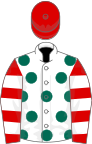 White, dark green spots, red and white hooped sleeves, red cap