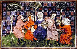 Illustration of five people in a forest eating and drinking