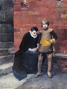 At the Door of Linköping Jail in 1600, Helene Schjerfbeck, 1882, Kristina and her son after they have heard of the execution of Gustaf