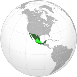 Territory administered (light green) and territory claimed (dark green) by the Second Mexican Empire on April, 1864 when Maximilian accepted the throne.