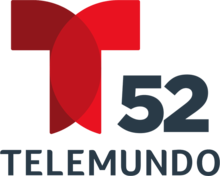 The Telemundo network logo, a T with two circular overlapping components. To the right and under the T, the number 52. Beneath it, in a sans serif, the word Telemundo.