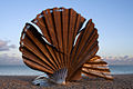 Large sculpture of a scallop on the beach at Aldeburgh, by Maggi Hambling, 2003