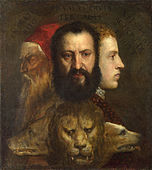 Titian, Allegory of Prudence (c.  1565–1570): The three human heads symbolise past, present and future, the characterisation of which is furthered by the triple-headed beast (wolf, lion, dog), girded by the body of a big snake.
